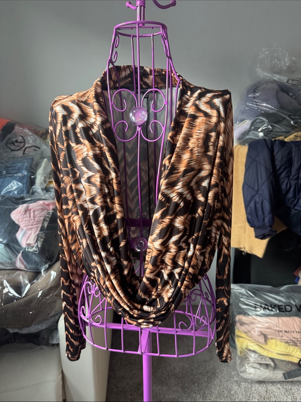 Fashion Nova Brown & Black Animal Print Cowl Neck crop Top